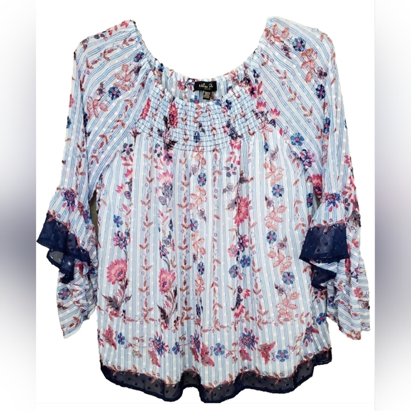 Melissa Paige Tops - Melissa paige petite large Swiss dot floral off shoulder blouse
